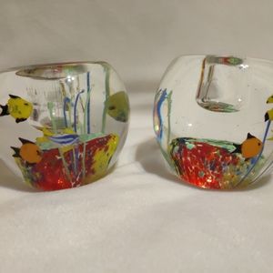 VINTAGE PAIR MURANO GLASS FISH AQUARIUM PAPERWEIGHT CANDLE HOLDER CANDLESTICKS